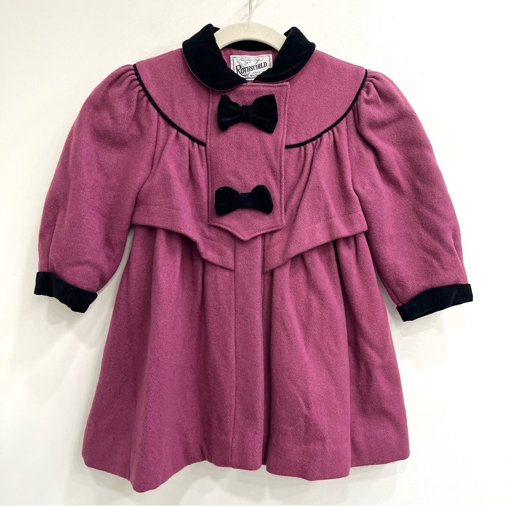 Vintage Rothschild Girls 4 Wool Coat Purple Black Velvet Bows Union Tag USA